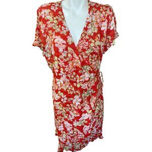 J. Jill Coral Green Floral Ruffled True Wrap Dress Women's Size Medium